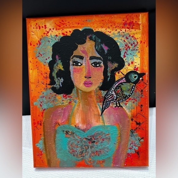 Original Art Painting Artwork Acrylic on Canvas Woman with bird Teal & Orange - Picture 9 of 9